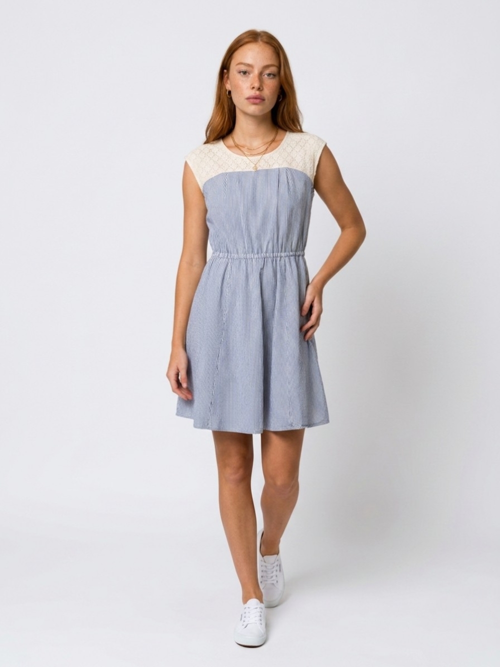 The Emporium Lace & Blue Stripe Dress - Sz. LG - NWOT